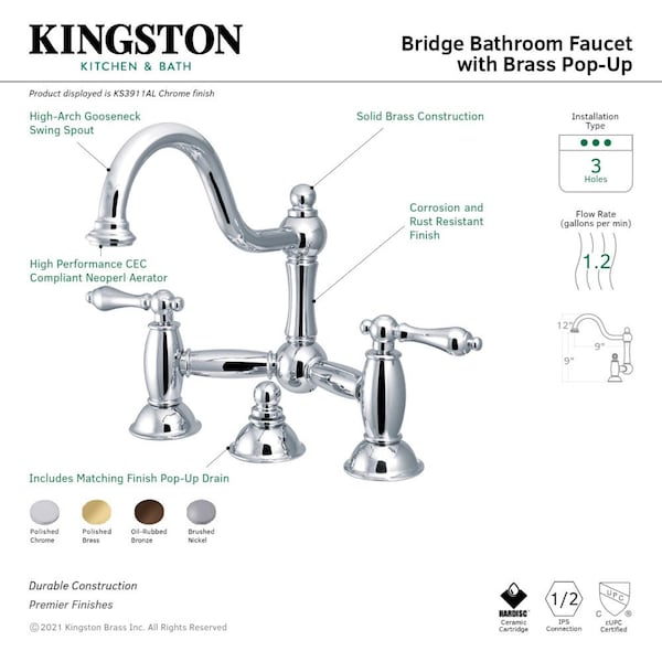 KS3911AL Restoration Bathroom Bridge Faucet, Polished Chrome